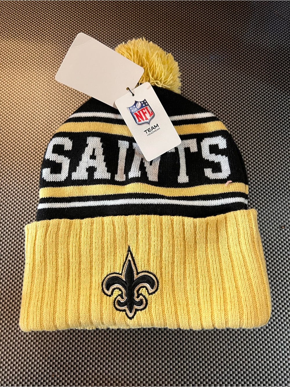 NFL New Orleans Saints Knit Cuffed Beanie Hat with Yellow Pom
